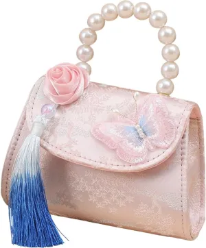 Mini Retro Handbag with Pearl handle, Vintage Embroidered Purse with Tassel for Little Girls, Rose