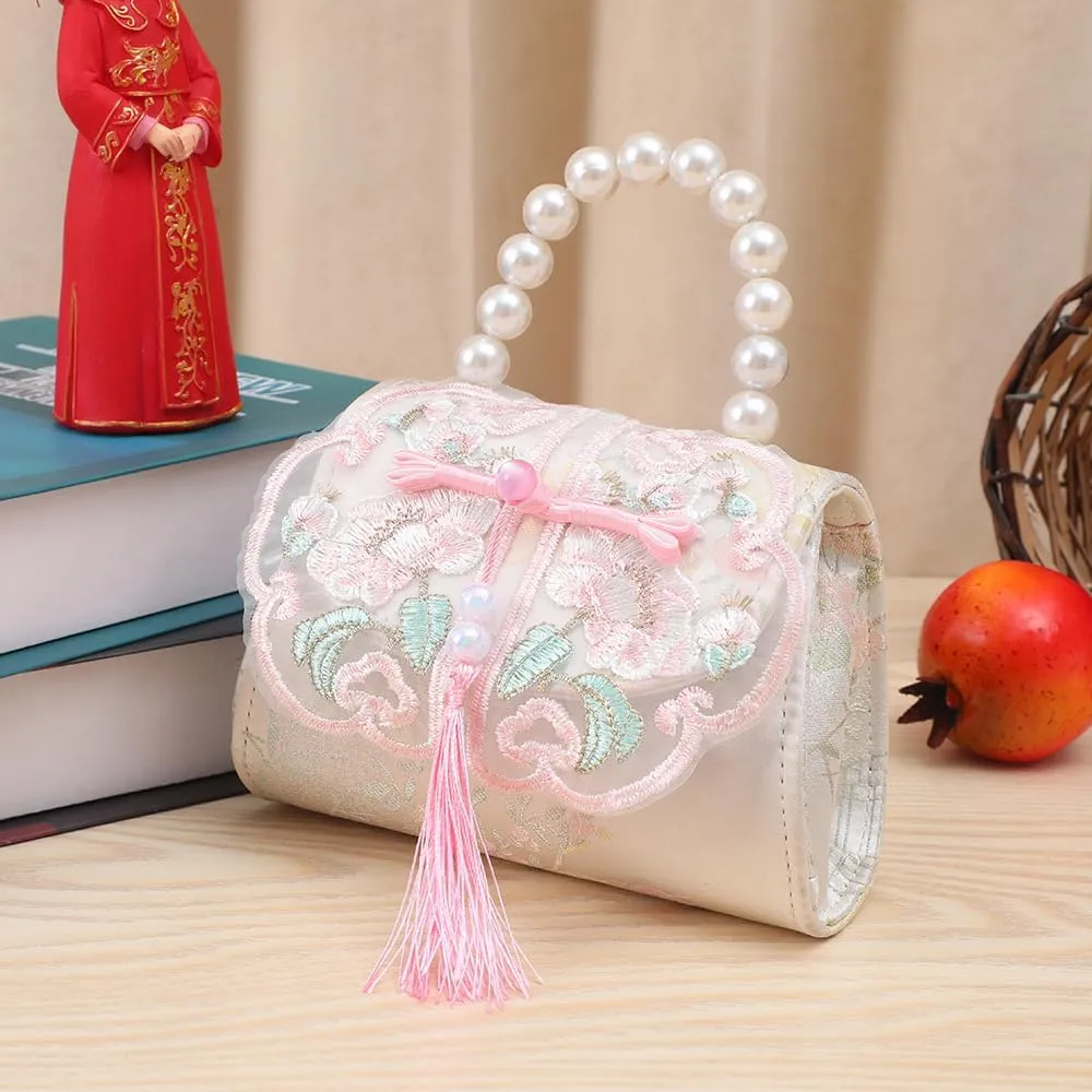 Mini Retro Handbag with Pearl handle, Vintage Embroidered Purse with Tassel for Little Girls, Rose