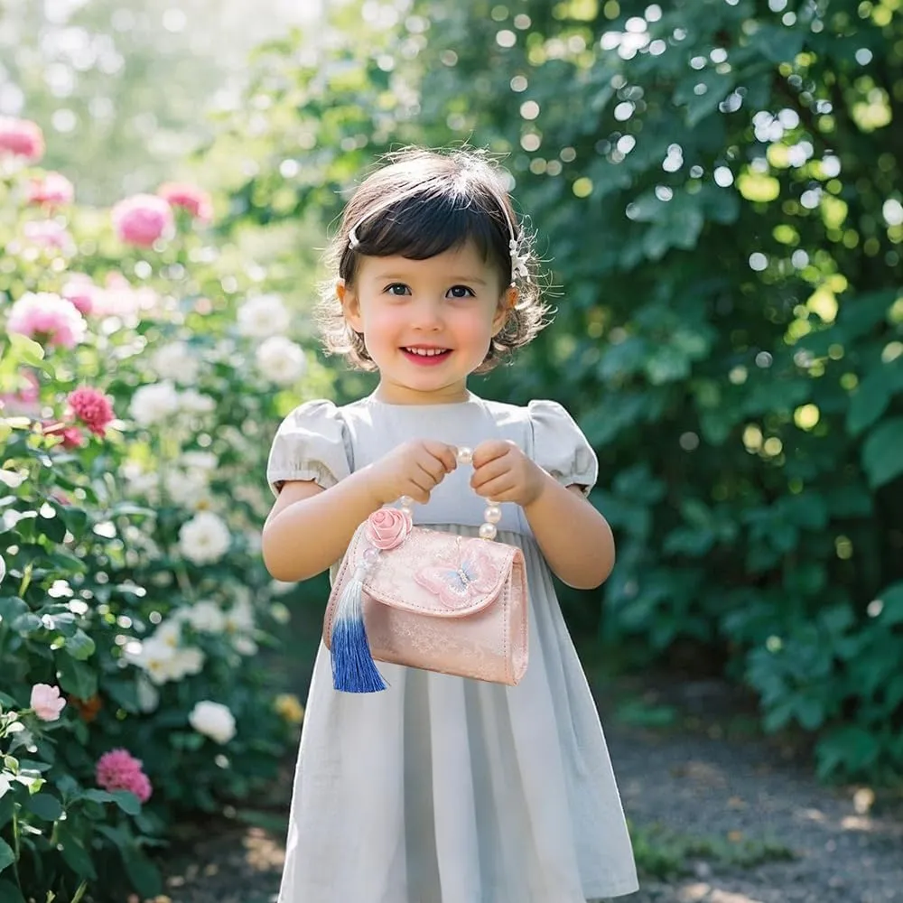 Mini Retro Handbag with Pearl handle, Vintage Embroidered Purse with Tassel for Little Girls, Rose