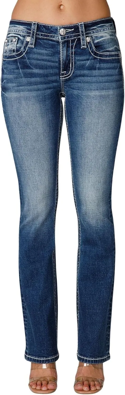 Miss Me Women's Muted X Embellished Faux Flap Pockets Mid-Rise Bootcut Jeans