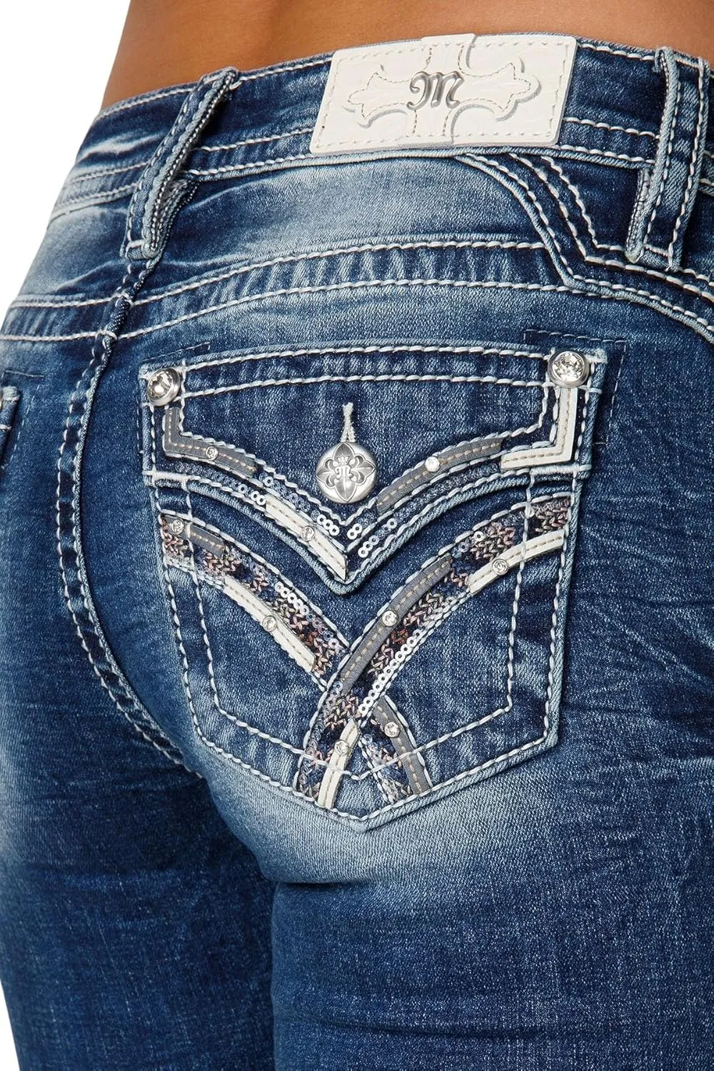 Miss Me Women's Muted X Embellished Faux Flap Pockets Mid-Rise Bootcut Jeans