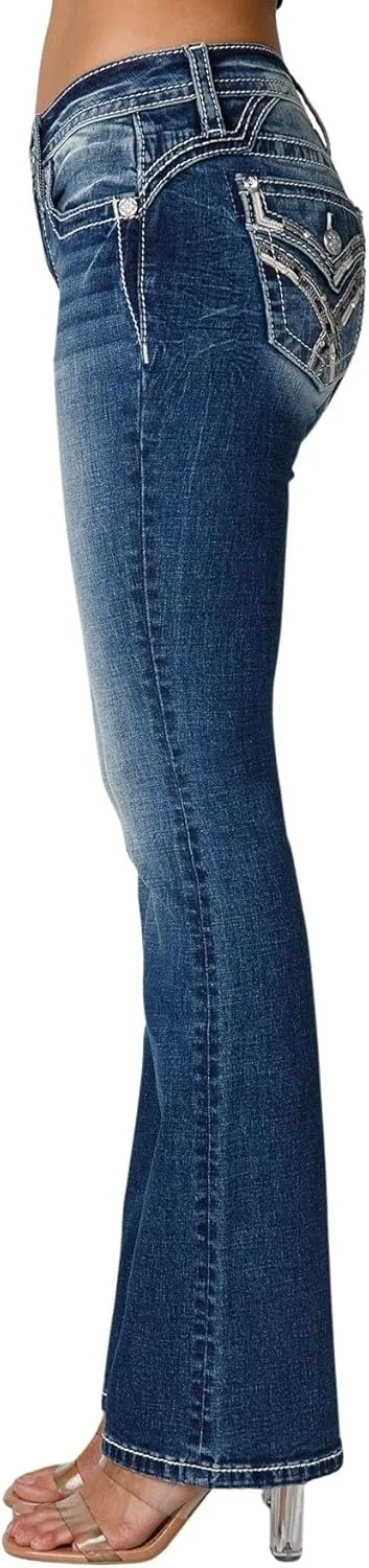 Miss Me Women's Muted X Embellished Faux Flap Pockets Mid-Rise Bootcut Jeans