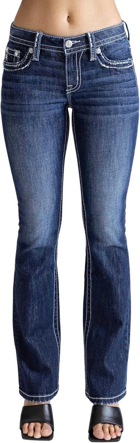 Miss Me Women's Saddle Stitch M Faux Flap Pockets Mid-Rise Bootcut Jeans