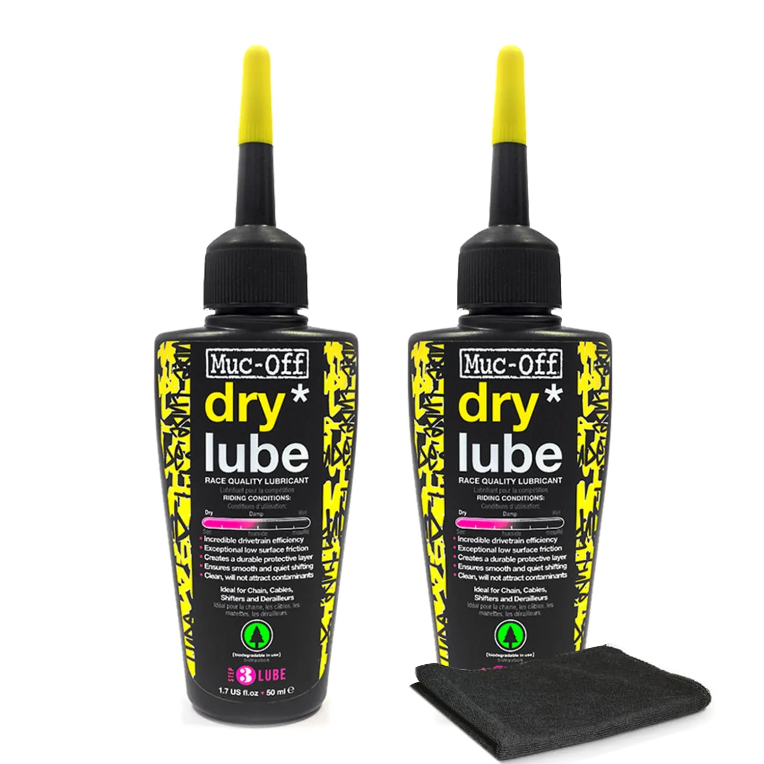 Muc-Off Bio Dry Bike Chain Lube 4 fl oz (Pack of 2) with Microfiber Cloth | Wax-Based Formula for Smooth Gear Shifts | Creates Protective Layer and Reduces Friction