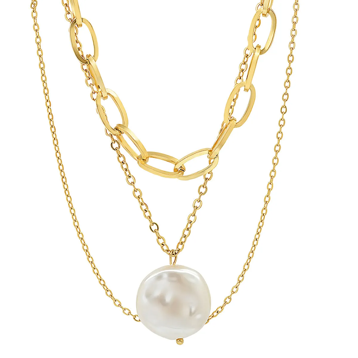 Multi Row Chain Necklace with Pearl Charm