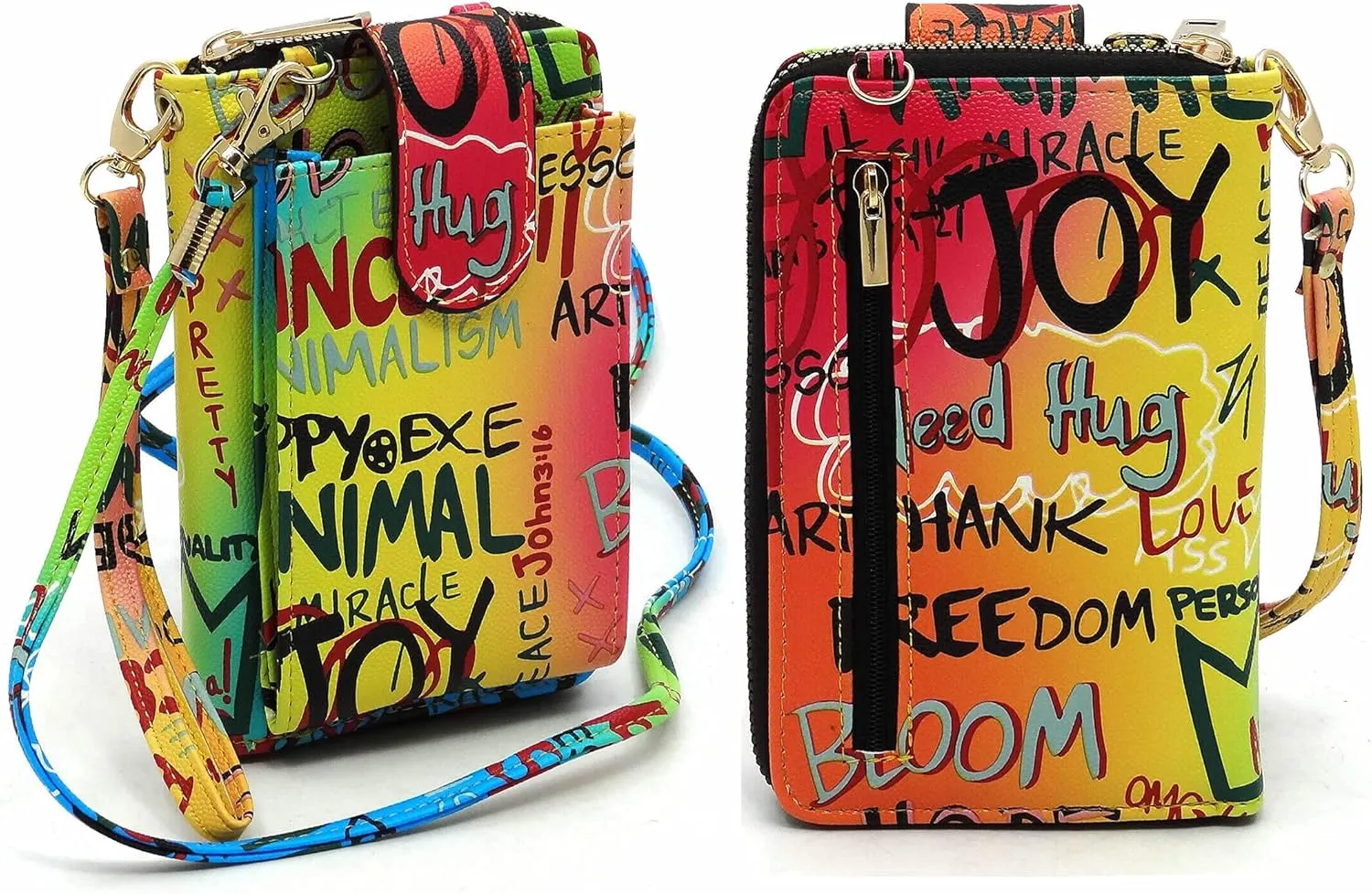 Multicolor Graffiti Printed Cell Phone Purse Wallet Smartphone Crossbody Wallet Travel Multifunction Phone Case Wristlet