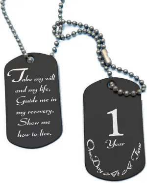 NA 3rd Prayer and 1 Year Sobriety Anniversary Black Stainless Steel Dog Tag Necklace for Clean Sober Birthday with Bonus Bookmark