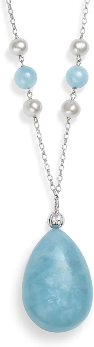 Natural Aquamarine and Cultured Freshwater Pearl Pendant Chain Necklace, 18"