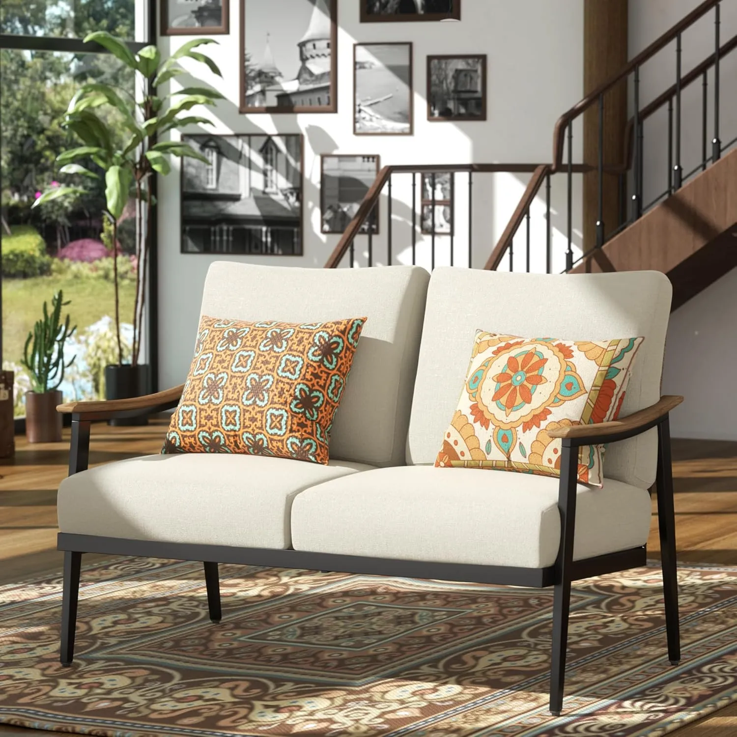 NATURAL EXPRESSIONS Patio Loveseat Sofa Outdoor Furniture Metal Chair with Wicker Backrest & 6 Inches Cushion for Indoor, Front Porch, Deck, Balcony, Backyard, 51.77"(L) x 29.75"(W) x 33.86"(H).
