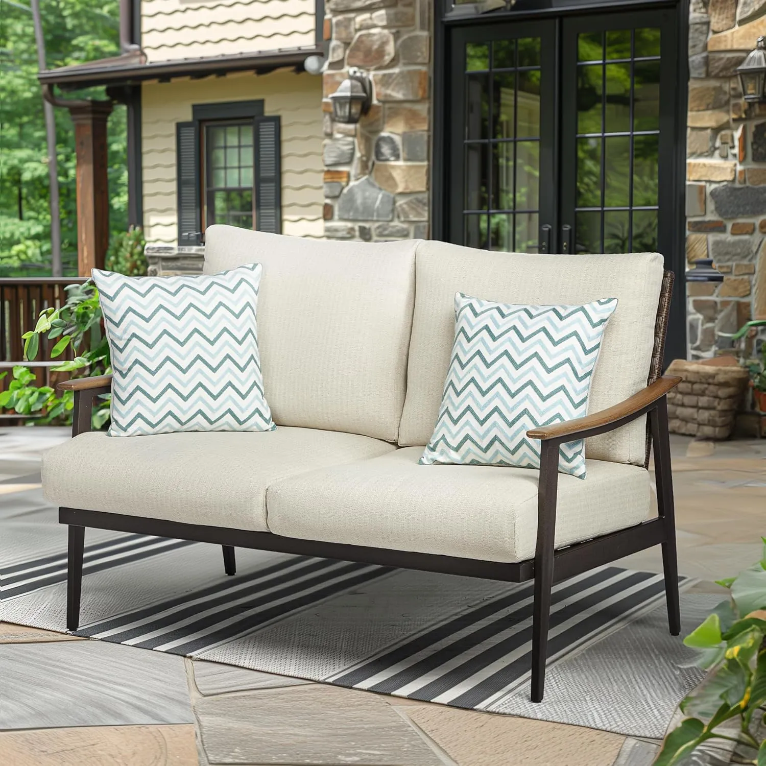 NATURAL EXPRESSIONS Patio Loveseat Sofa Outdoor Furniture Metal Chair with Wicker Backrest & 6 Inches Cushion for Indoor, Front Porch, Deck, Balcony, Backyard, 51.77"(L) x 29.75"(W) x 33.86"(H).