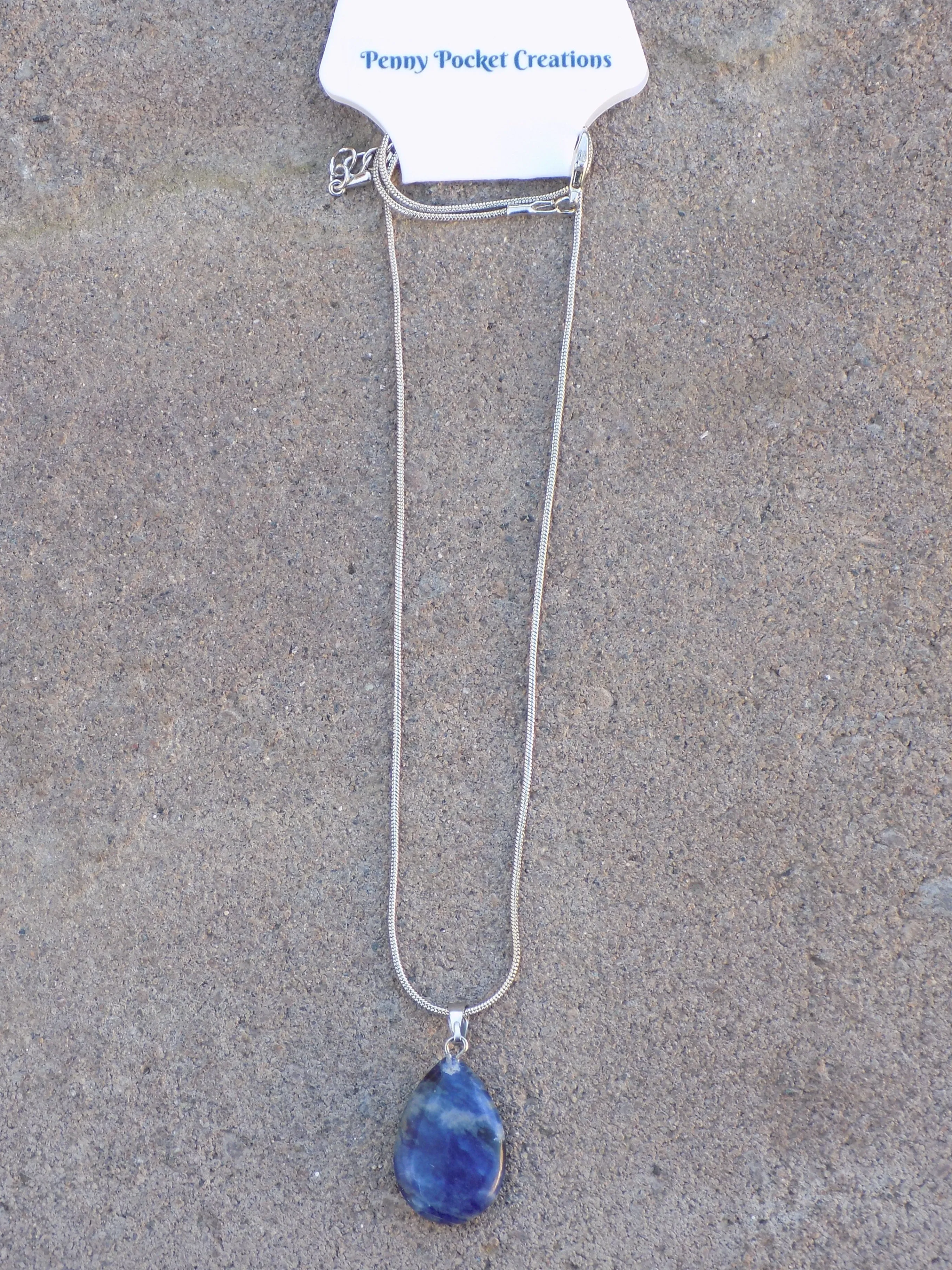 Natural Stone Teardrop Pendant Silvery Snake Chain Necklace Dark Blue