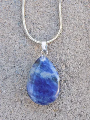 Natural Stone Teardrop Pendant Silvery Snake Chain Necklace Dark Blue