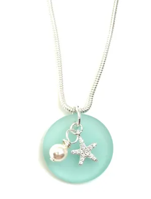 NEW! Beautful Beach Blue Recycled Sea Glass Pendant Charm Necklace with Sterling Silver and CZ Starfish and Crysrtal Pearl Charms by Aimee Tresor Jewelry
