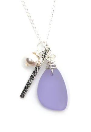 NEW! Beautiful Lavender Seaglass Charm Necklace with Sterling Silver Bar Charm and Crystal Pearl Charm on 18 inch Sterling Silver Chain, by Aimee Tresor