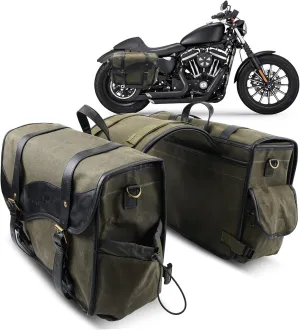 NICECNC Vintage Oil Waxed Canvas Motorcycle Saddlebags, Panniers Side Throw Over Saddle Bags - Compatible with Harley, Honda, Suzuki, Yamaha, Adventure, Street Glide - Green