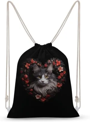 Norwegian Forests Cat Heart Drawstring Backpack Cute String Bag Canvas Daypack Travel Sackpack 35x50cm