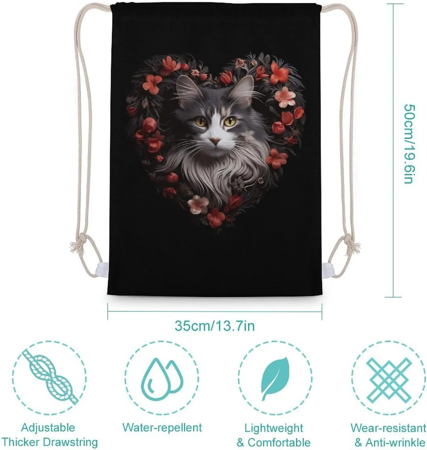 Norwegian Forests Cat Heart Drawstring Backpack Cute String Bag Canvas Daypack Travel Sackpack 35x50cm