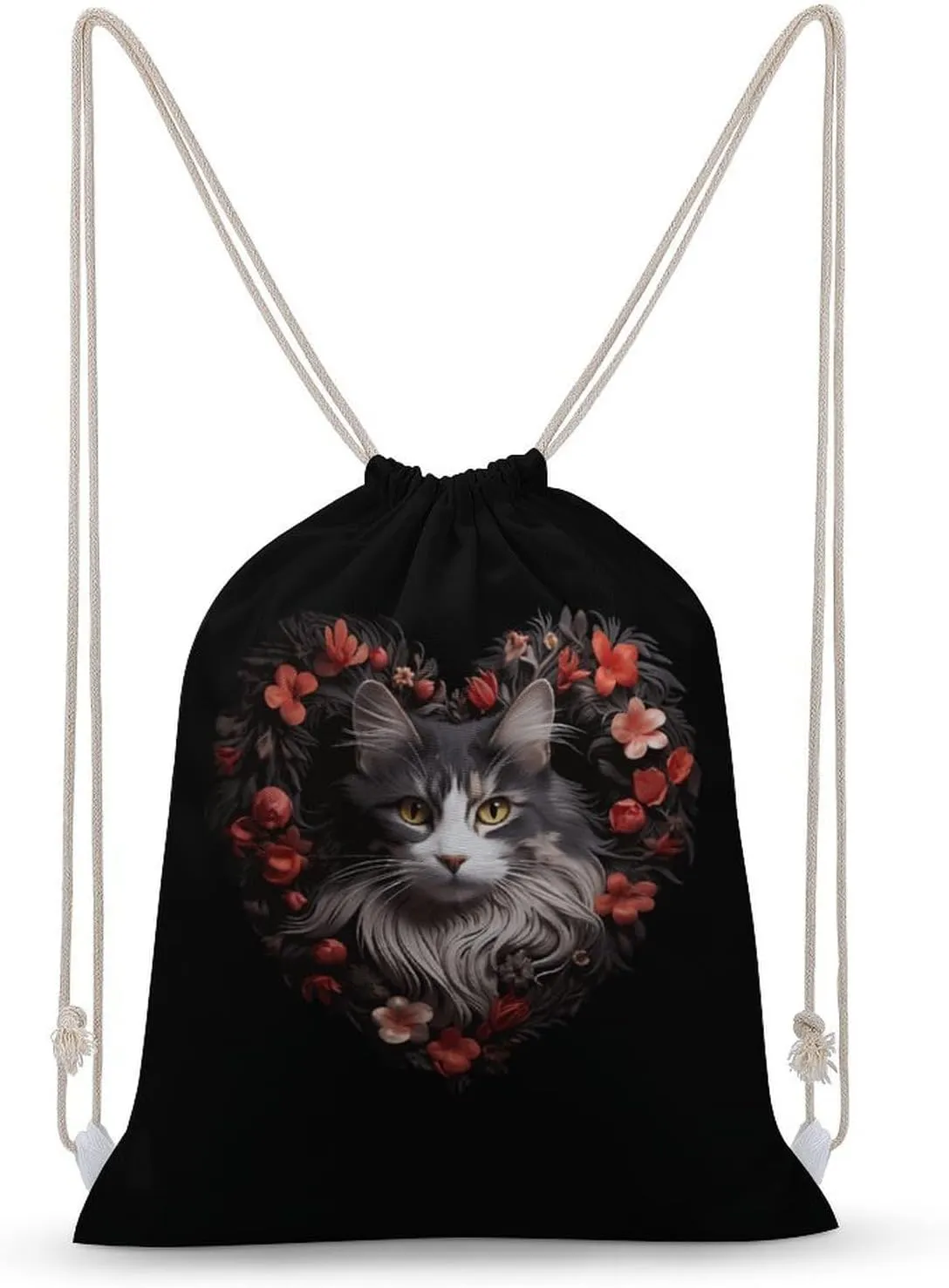 Norwegian Forests Cat Heart Drawstring Backpack Cute String Bag Canvas Daypack Travel Sackpack 35x50cm