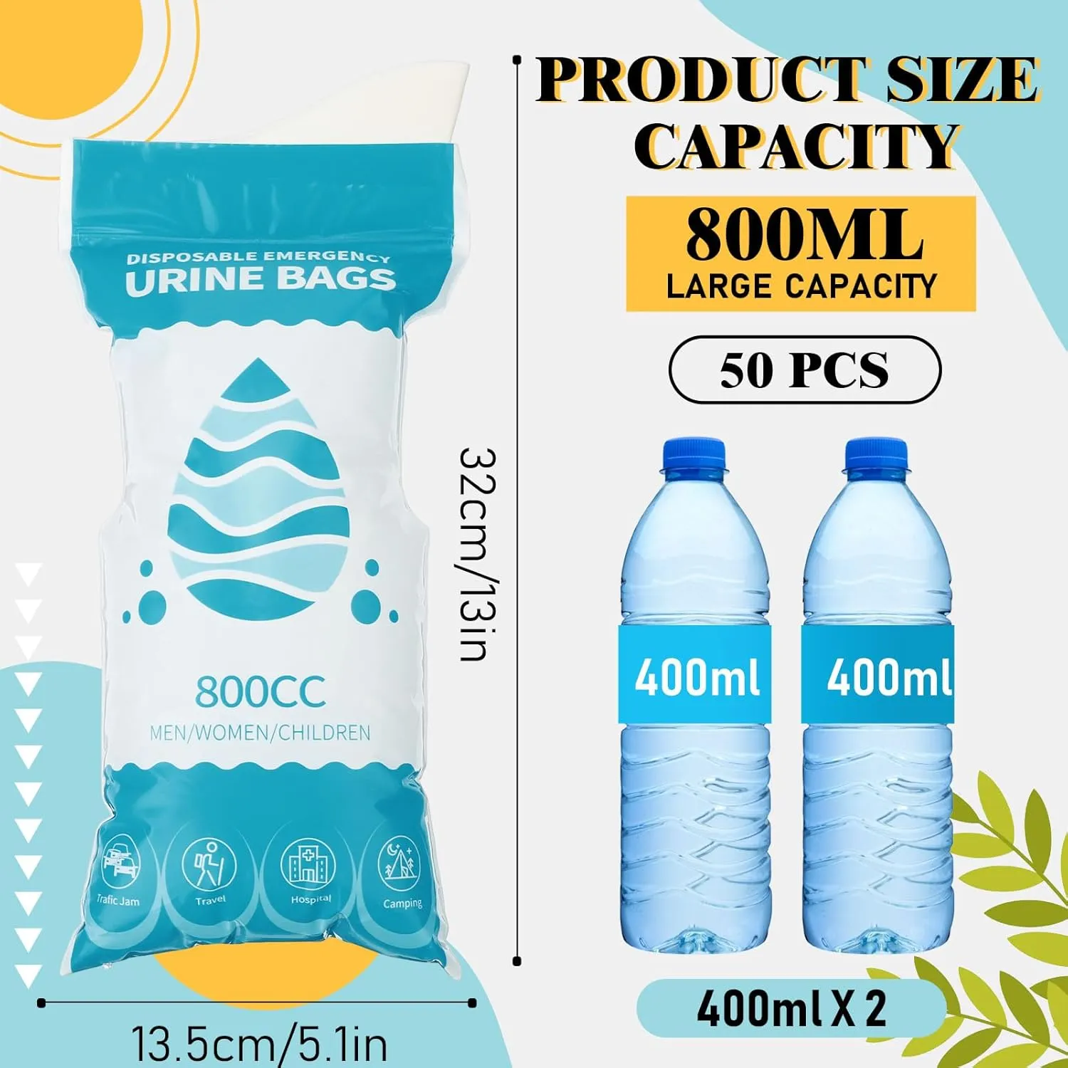 Nuogo 50 Pcs Disposable Urinal Bag Portable Emergency Mini Toilet Travel Pee Unisex Urinal Vomit Bag for Travel, Camping, Hiking Traffic Jam Emergency for Women Men Kids Patient