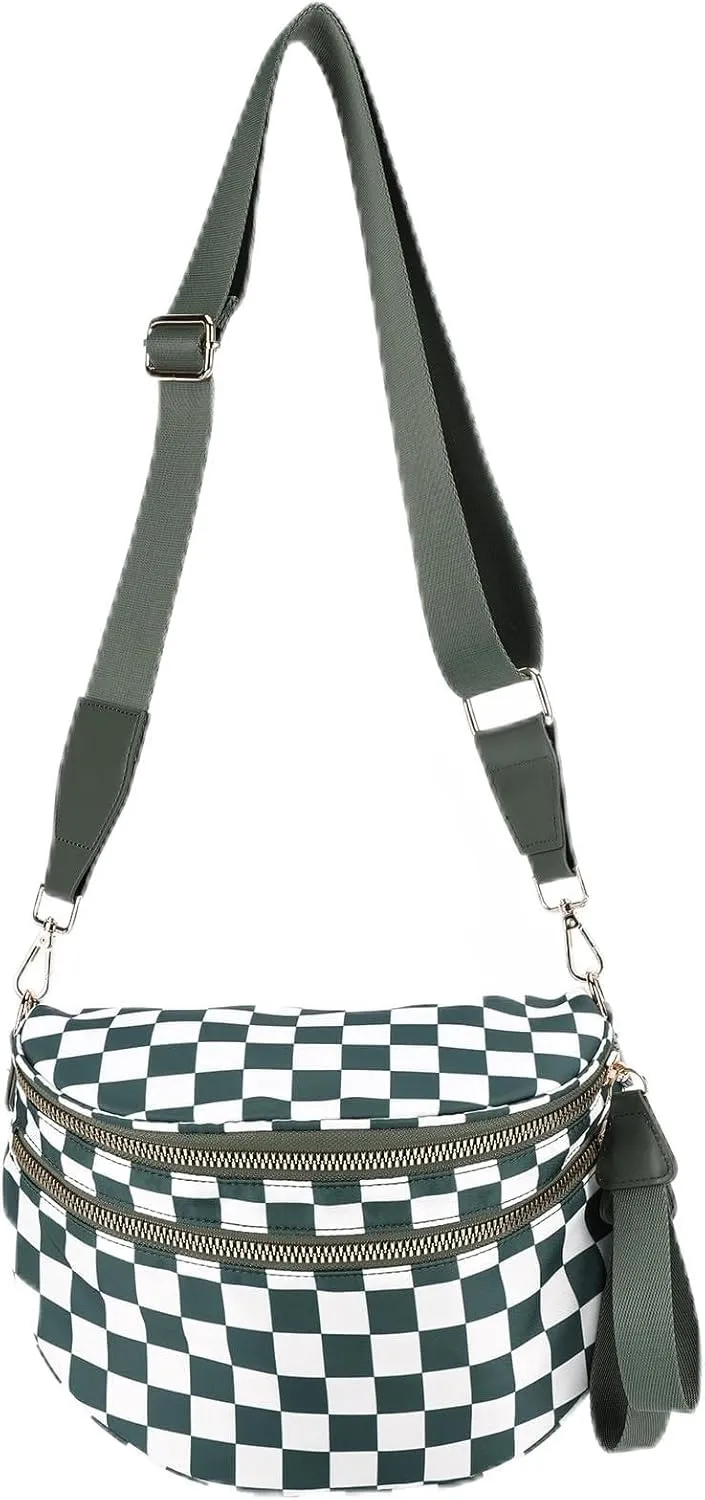 Nylon Crossbody Bag for Women, Large Checkered Purse, Black Handbag for Shopping Travel