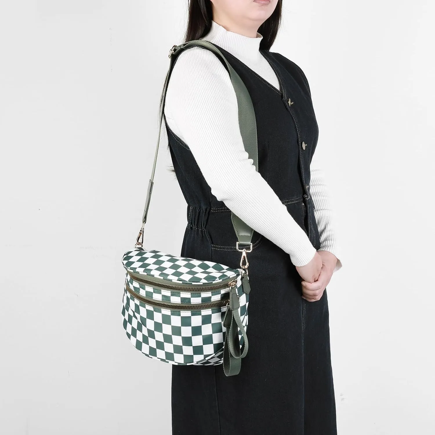 Nylon Crossbody Bag for Women, Large Checkered Purse, Black Handbag for Shopping Travel