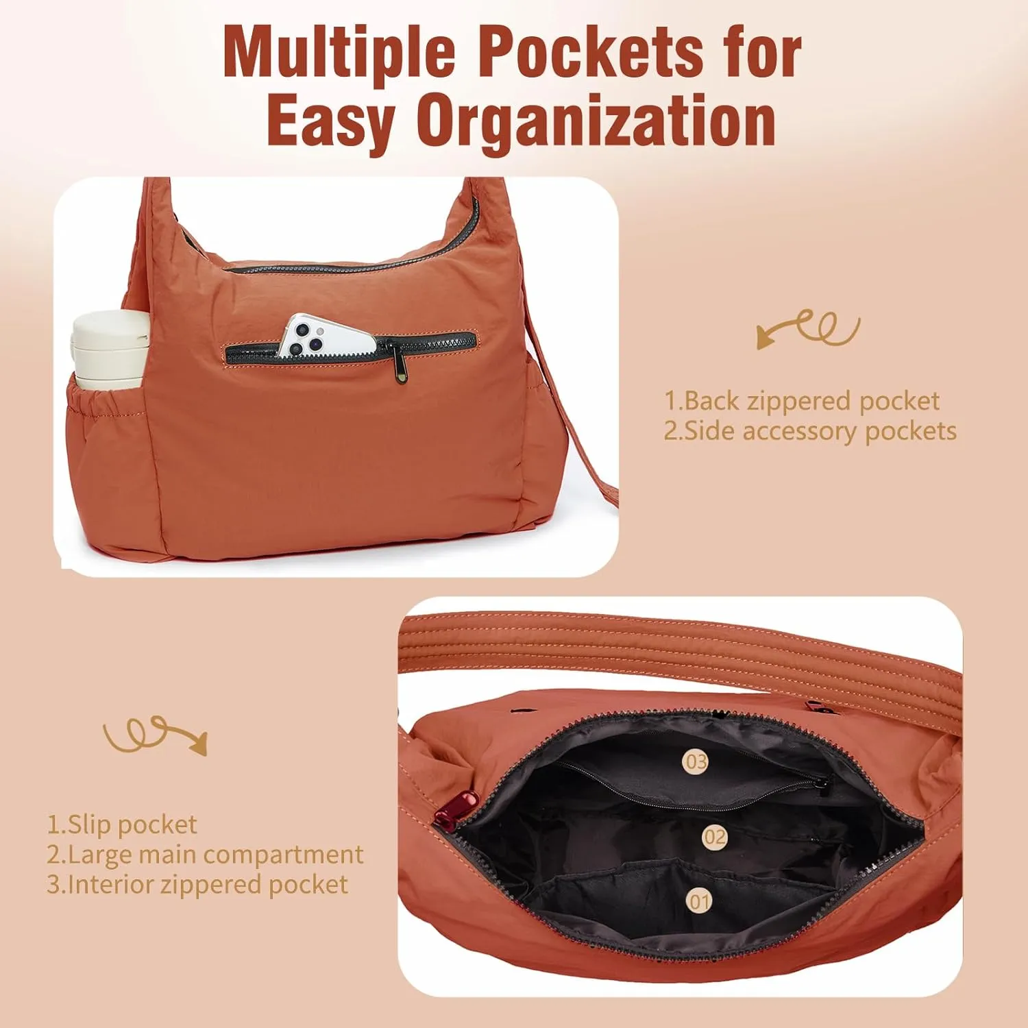 Nylon Hobo Crossbody Bags Lightweight Shoulder Bag Casual Work Travel Handbags 2025 Trendy with Adjustable Quilted Strap