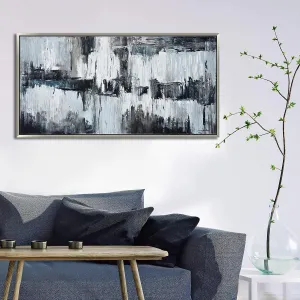 Oakland Living Hand Painted Acrylic Wall Art Black and Grey Abstract on a 59 x 30 Rectangular Canvas with a Silver Wooden Frame, Model Number: AZCB-8978
