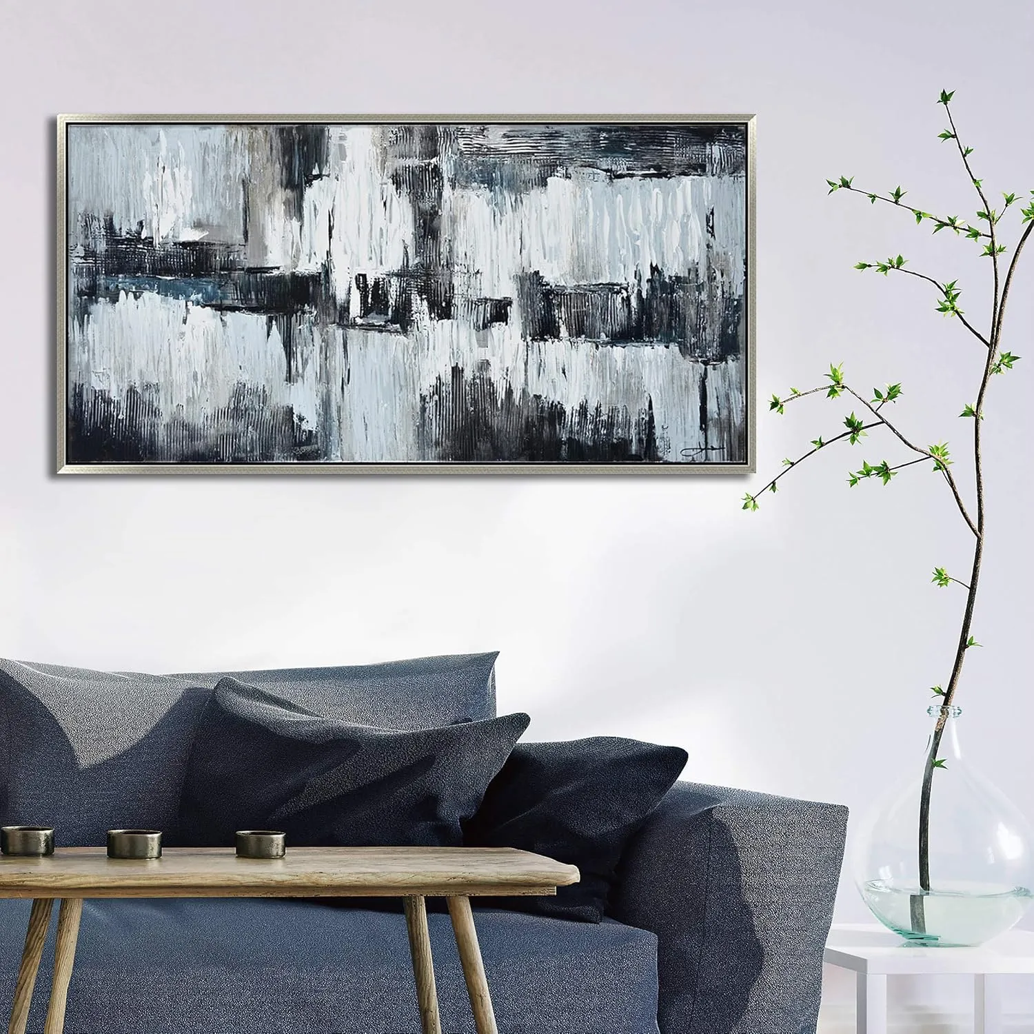 Oakland Living Hand Painted Acrylic Wall Art Black and Grey Abstract on a 59 x 30 Rectangular Canvas with a Silver Wooden Frame, Model Number: AZCB-8978