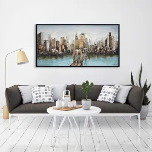 Oakland Living Hand Painted Acrylic Wall Art New York Cityscape on a 55 x 28 Rectangular Canvas with a Black Wooden Frame (AZCB-9023)
