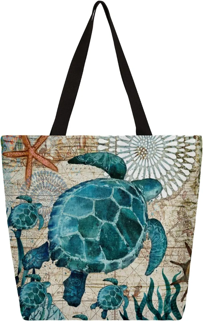 Ocean Turtle Canvas Tote Bags Women Large Casual Shoulder Bag Handbag, Reusable Sea Turtle Shopping Bags Multipurpose Grocery Bag for Outdoors
