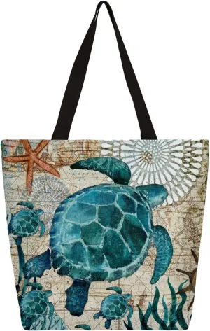 Ocean Turtle Canvas Tote Bags Women Large Casual Shoulder Bag Handbag, Reusable Sea Turtle Shopping Bags Multipurpose Grocery Bag for Outdoors