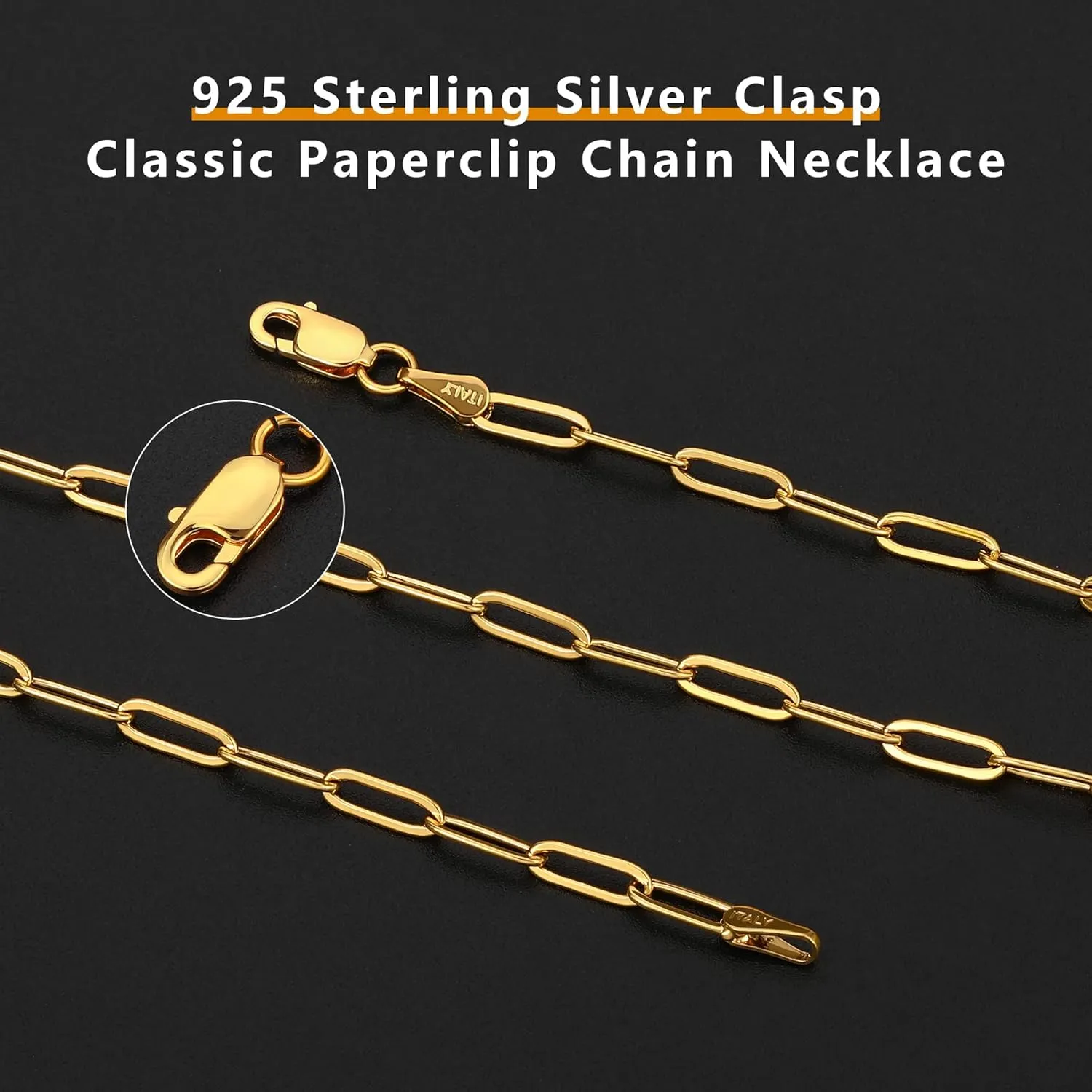 OCHCOH 14K Gold Over 2.5/3/4/5mm 925 Sterling Silver Clasp Paperclip Chain Necklace for Women Gold Chain for Women 16, 18, 20, 22, 24, 26, 30 Inches