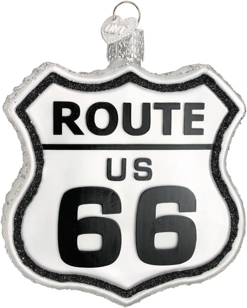 Old World Christmas36136 Cities, Places and Landmarks Glass Blown Ornaments for Christmas Tree Historic Route Sign, Glitter Black and White, 3.5 x 3.5