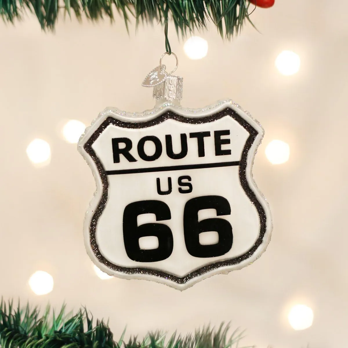 Old World Christmas36136 Cities, Places and Landmarks Glass Blown Ornaments for Christmas Tree Historic Route Sign, Glitter Black and White, 3.5 x 3.5