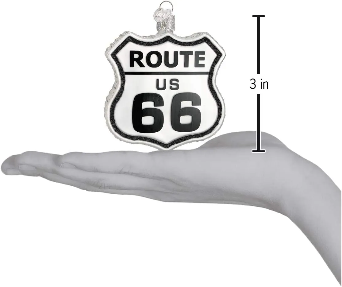 Old World Christmas36136 Cities, Places and Landmarks Glass Blown Ornaments for Christmas Tree Historic Route Sign, Glitter Black and White, 3.5 x 3.5
