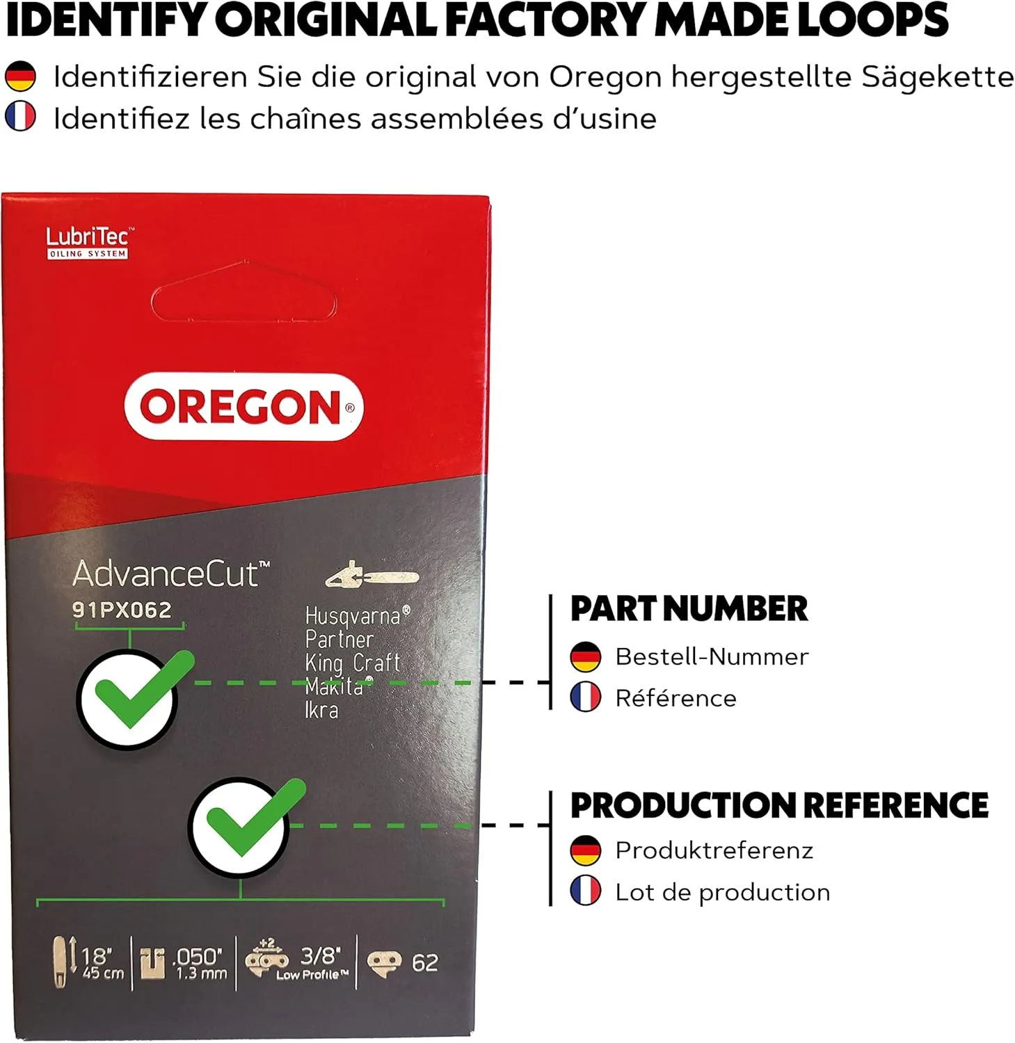Oregon AdvanceCut 91PX Chainsaw Chain Fits 45 cm Bosch, Dolmar, Gardol, Greenworks, Matrix, Scheppach Chainsaws, 62 Drive Links