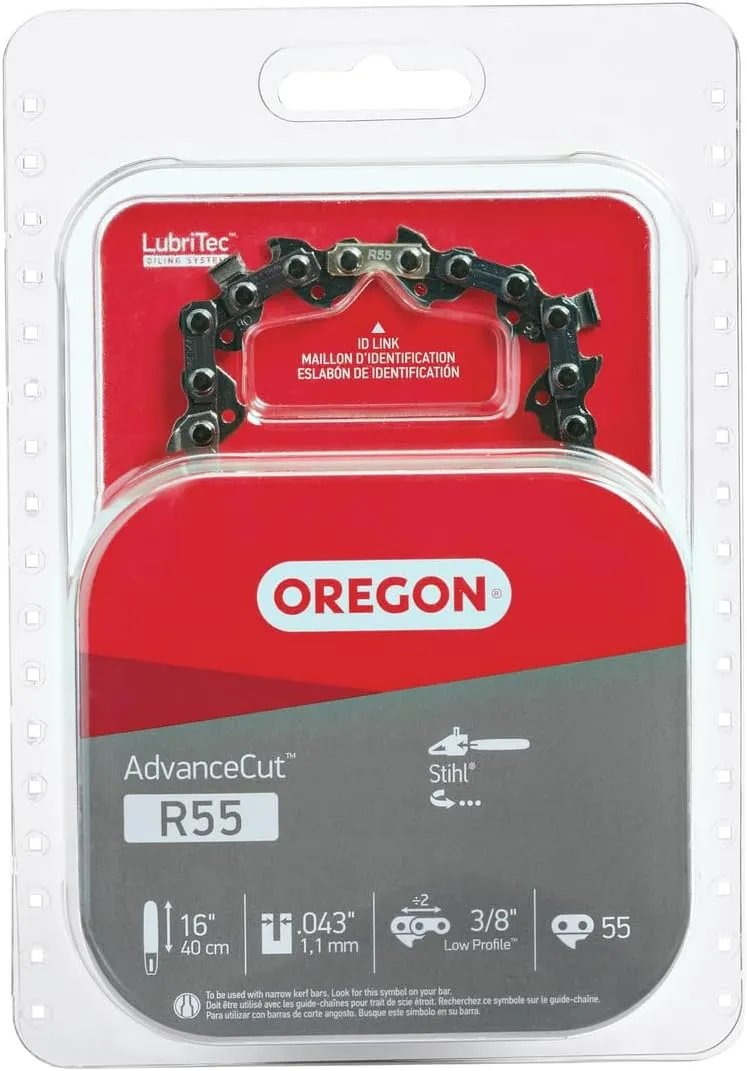 Oregon R55 AdvanceCut Chainsaw Chain for 16-Inch Bar, 55 Drive Links, Low-kickback chain fits several Stihl models , Grey