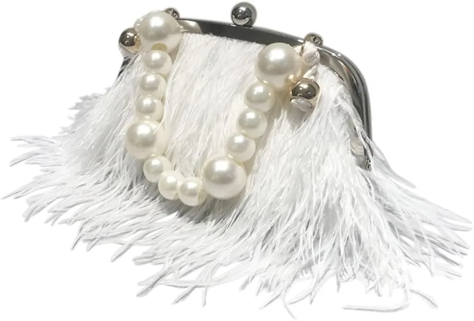 Ostrich Feather Evening Bags Fluffy Clutches for Women, Vintage Pearl Purse Tote Bag for Bridal, Banquet, Party White