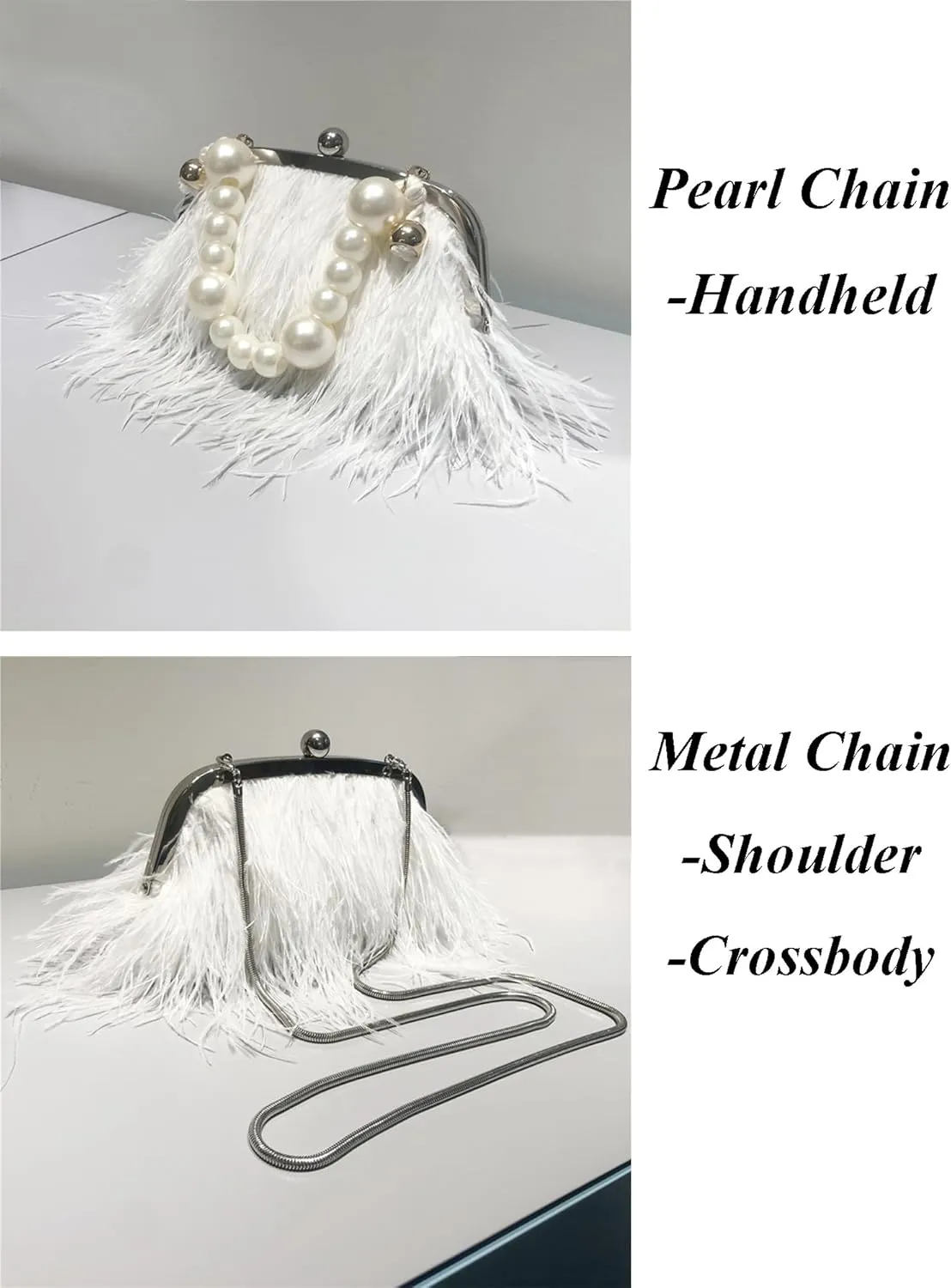 Ostrich Feather Evening Bags Fluffy Clutches for Women, Vintage Pearl Purse Tote Bag for Bridal, Banquet, Party White