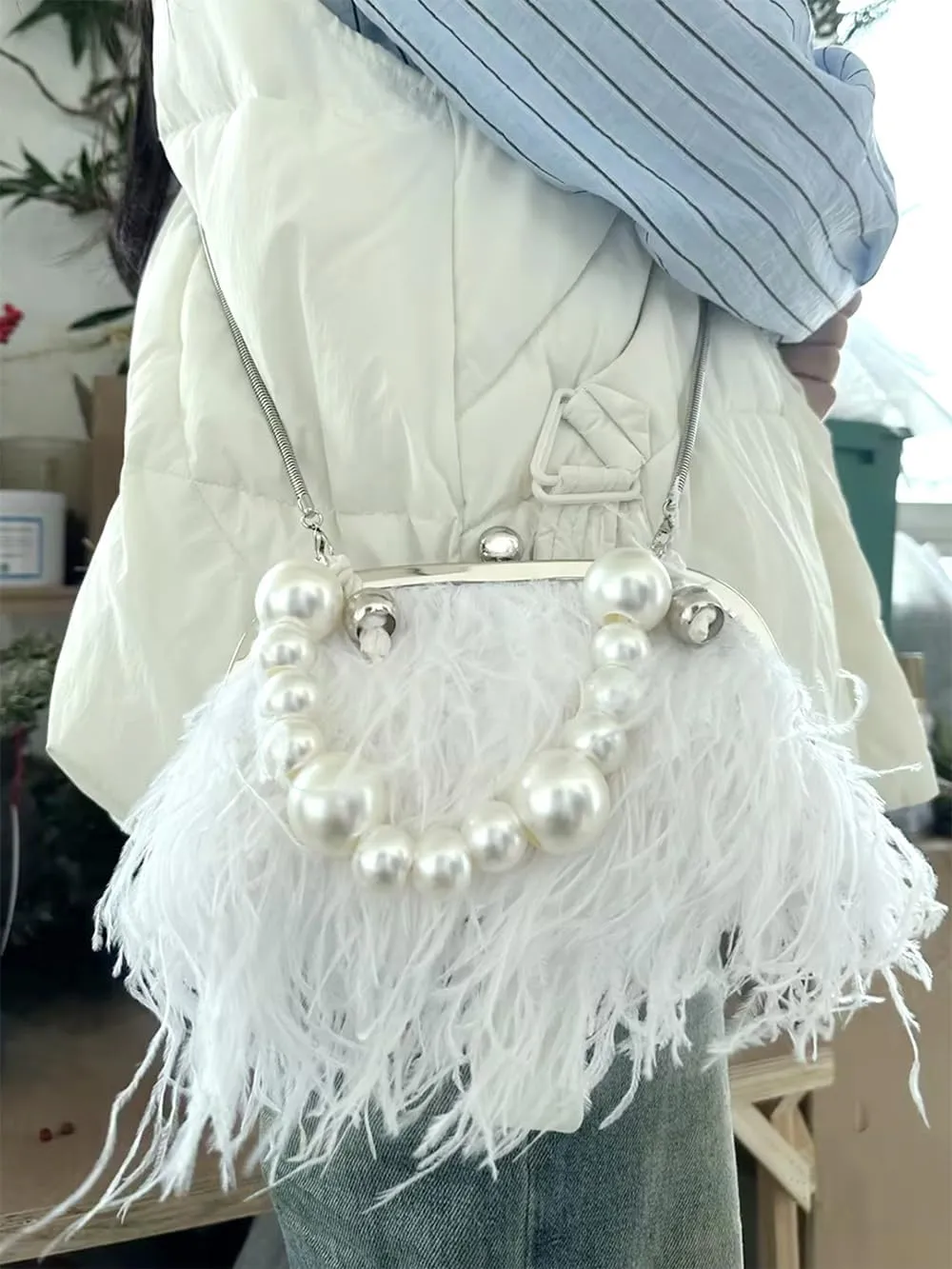 Ostrich Feather Evening Bags Fluffy Clutches for Women, Vintage Pearl Purse Tote Bag for Bridal, Banquet, Party White