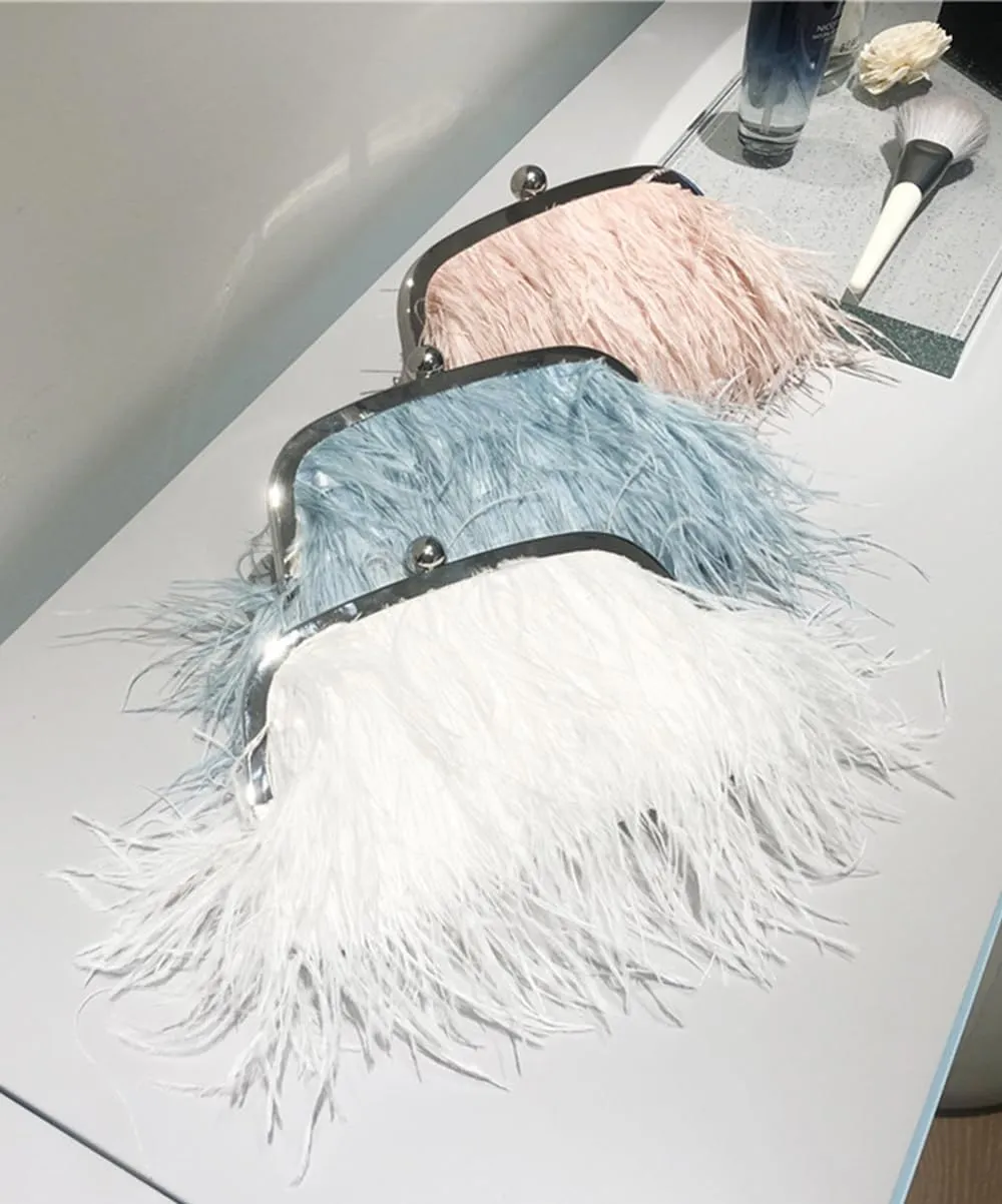 Ostrich Feather Evening Bags Fluffy Clutches for Women, Vintage Pearl Purse Tote Bag for Bridal, Banquet, Party White