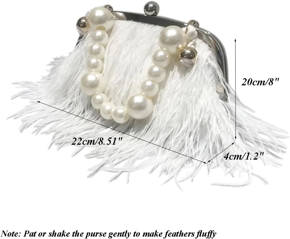Ostrich Feather Evening Bags Fluffy Clutches for Women, Vintage Pearl Purse Tote Bag for Bridal, Banquet, Party White