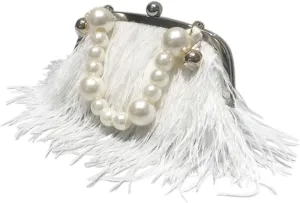 Ostrich Feather Evening Bags Fluffy Clutches for Women, Vintage Pearl Purse Tote Bag for Bridal, Banquet, Party White