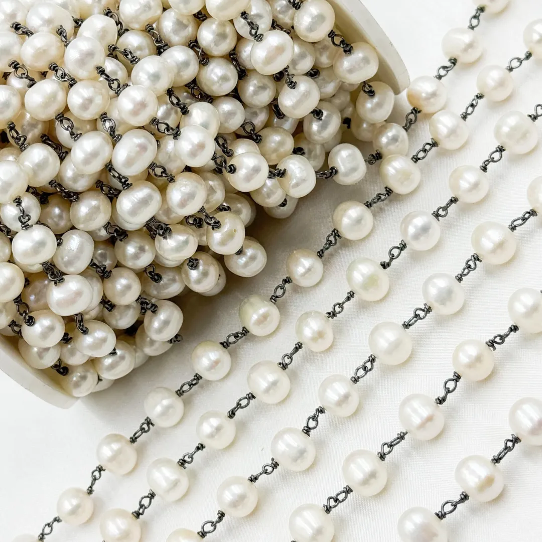 Oval White Freshwater Pearl Wire Wrap Chain. PRL31