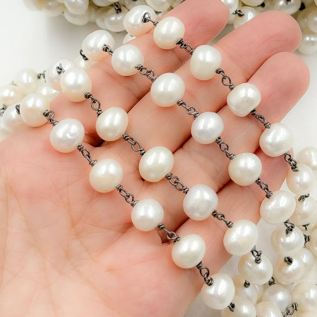 Oval White Freshwater Pearl Wire Wrap Chain. PRL31