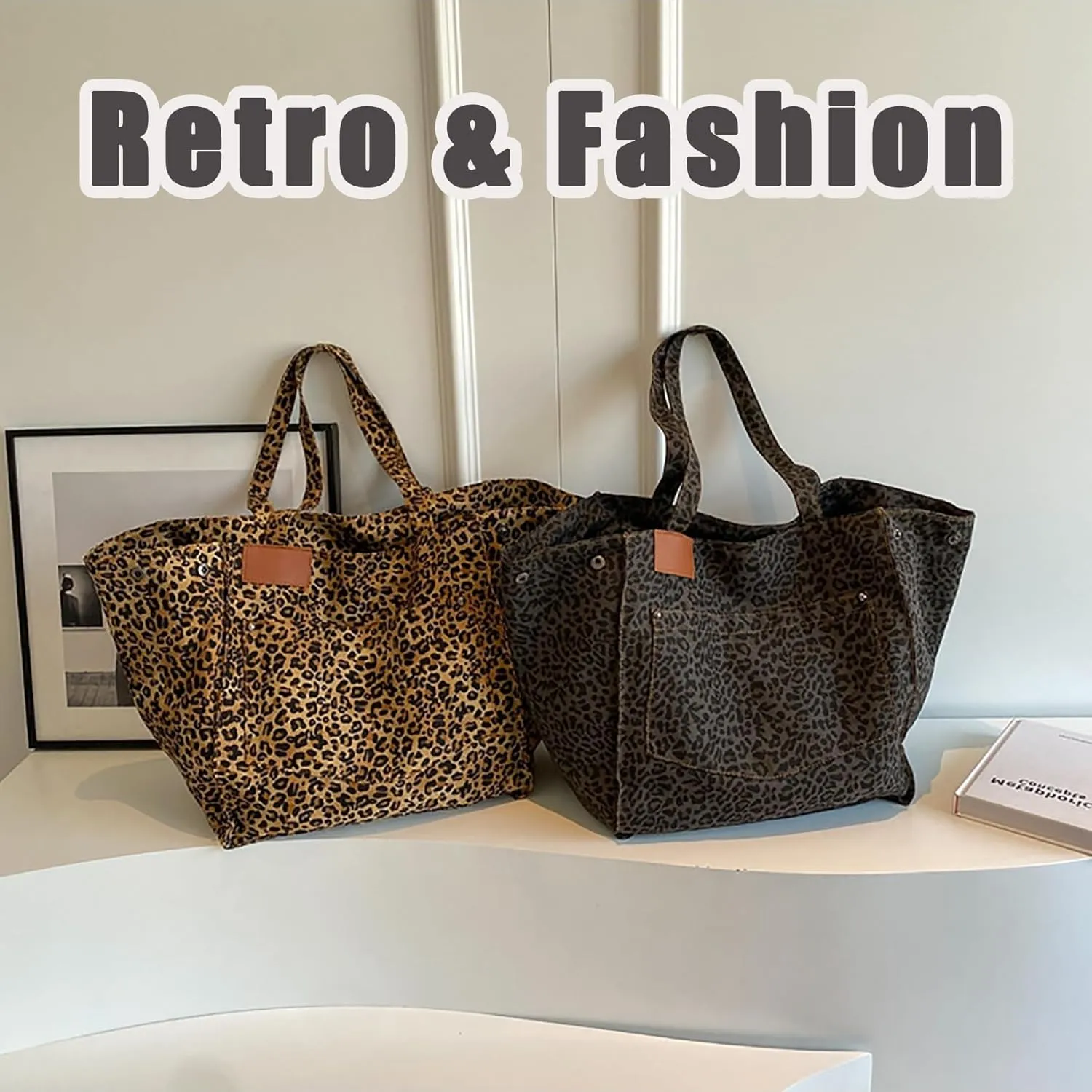 Oversized Leopard Print Shoulder Bags for Women, Soft Beach Tote Purse Handbag Canvas Large Capacity Travel Shopping Satchel