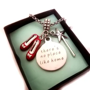 Oz Inspired Ruby Red Slippers Charm Bracelet Necklace Keychain, No Place Like Home Jewelry Gift for Girls Women