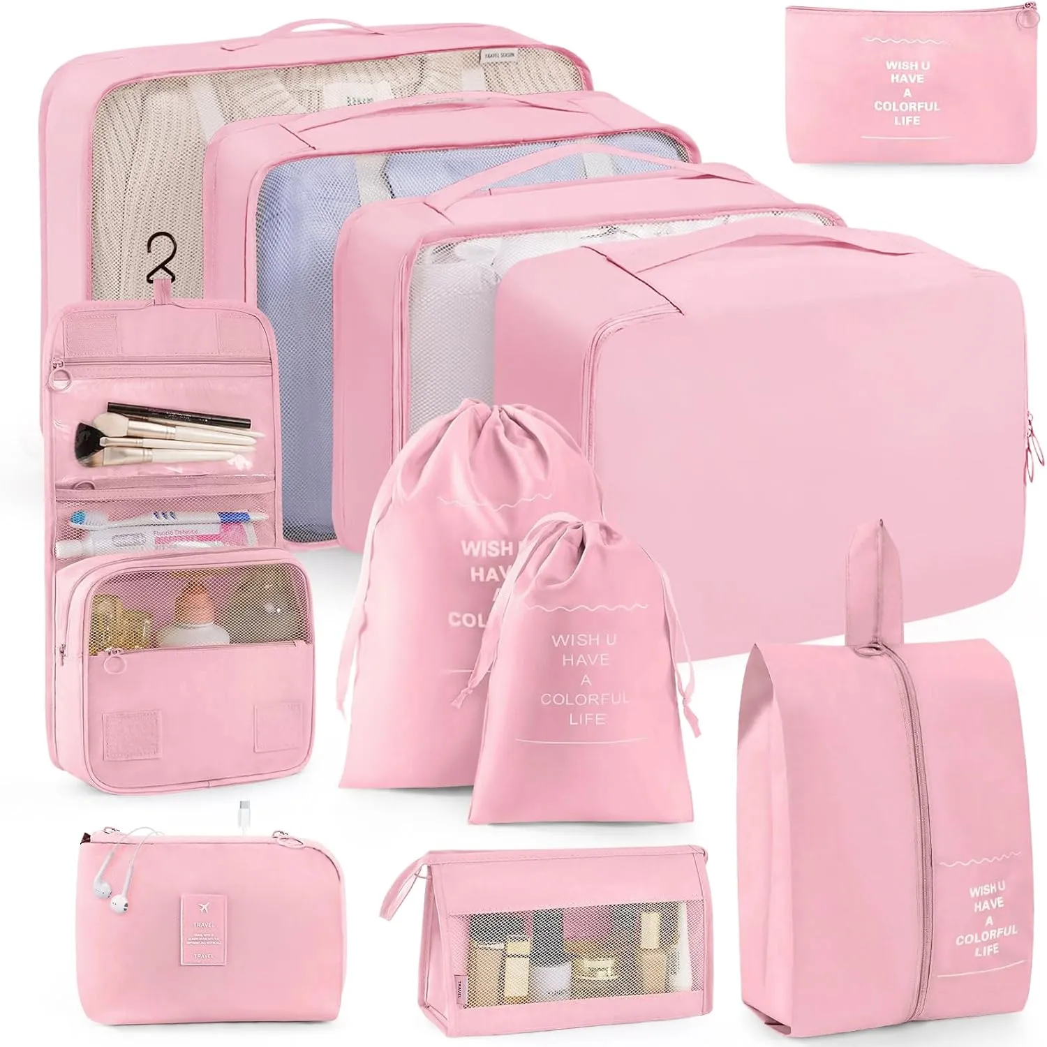 Packing Cubes 11 PCS, Mesh Breathable Luggage Organizers Bags, Packing Organizers, Durable Travel Essentials Bags Set, Travel Packing Organizers, Pink