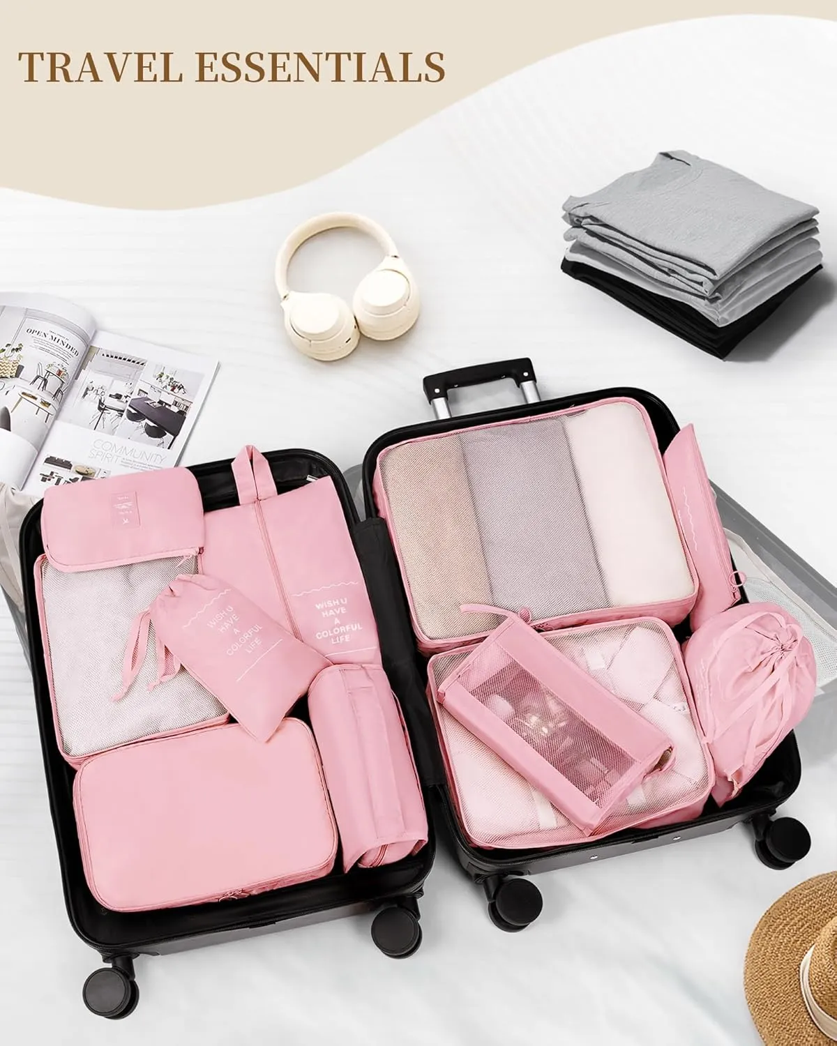 Packing Cubes 11 PCS, Mesh Breathable Luggage Organizers Bags, Packing Organizers, Durable Travel Essentials Bags Set, Travel Packing Organizers, Pink