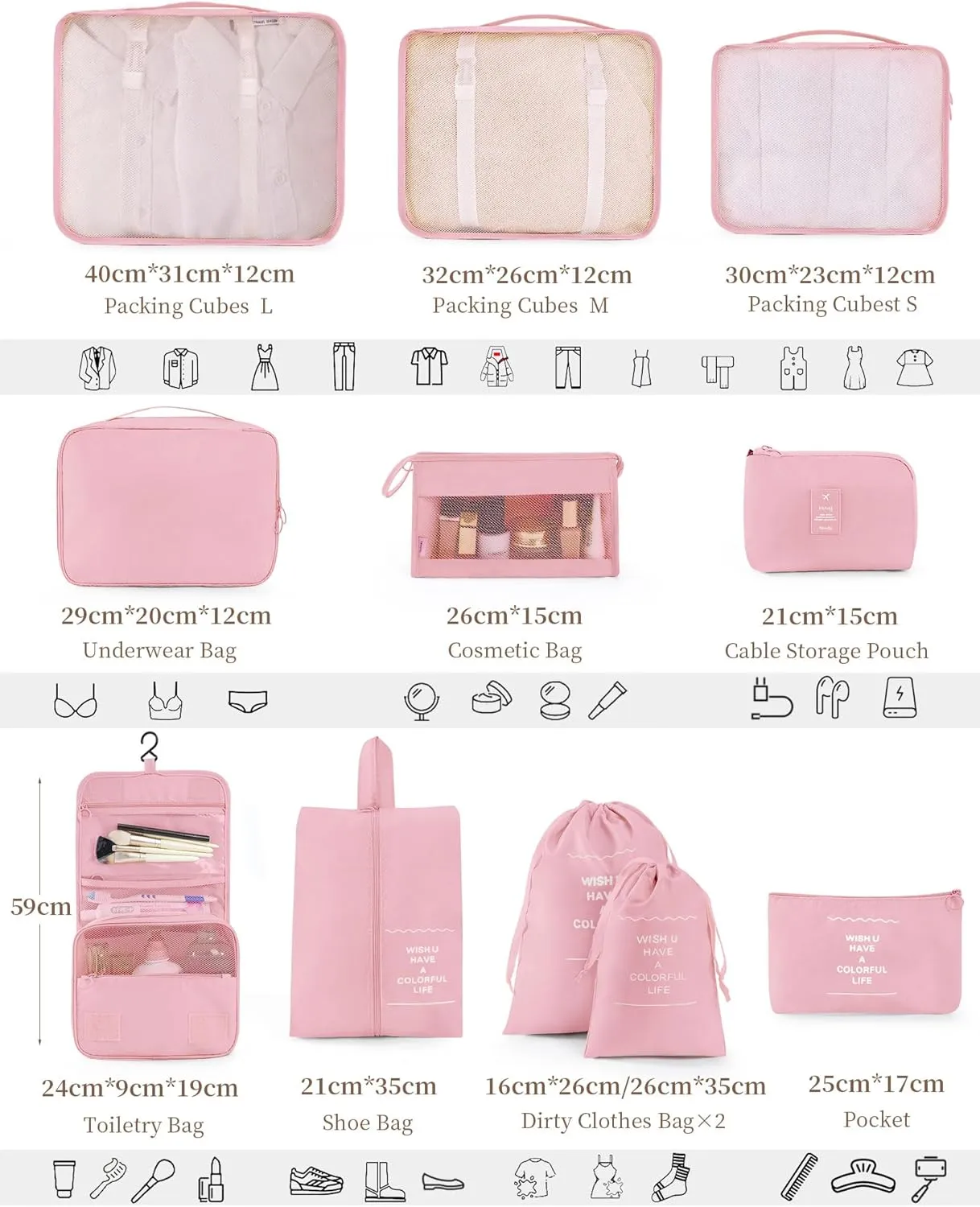 Packing Cubes 11 PCS, Mesh Breathable Luggage Organizers Bags, Packing Organizers, Durable Travel Essentials Bags Set, Travel Packing Organizers, Pink